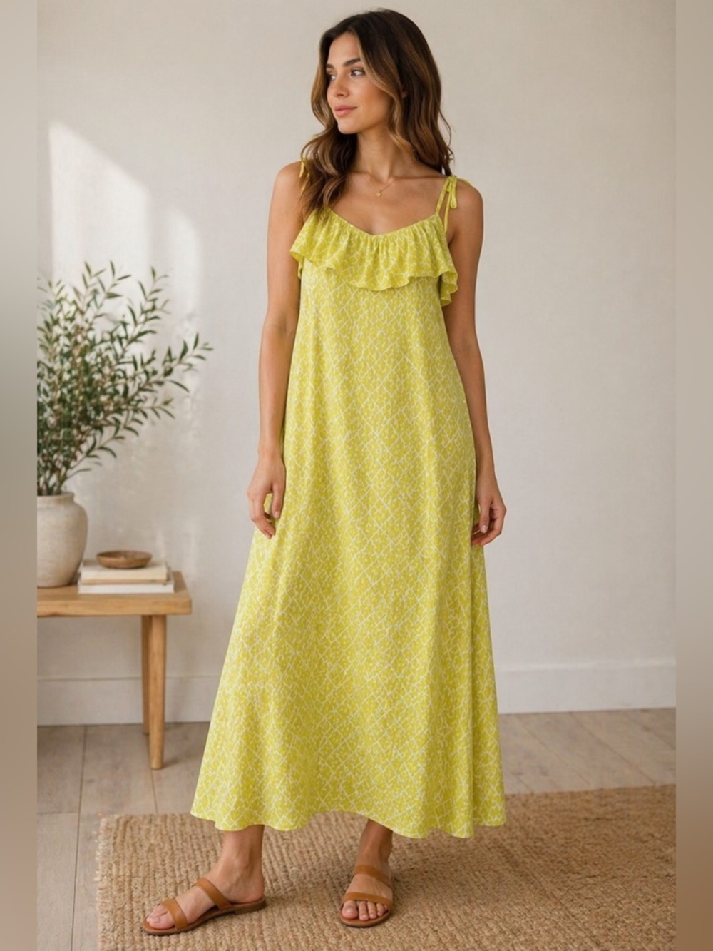 H&M Chartreuse Geometric Maxi Dress Size M Ruffle Neck Tie Strap Summer Dress